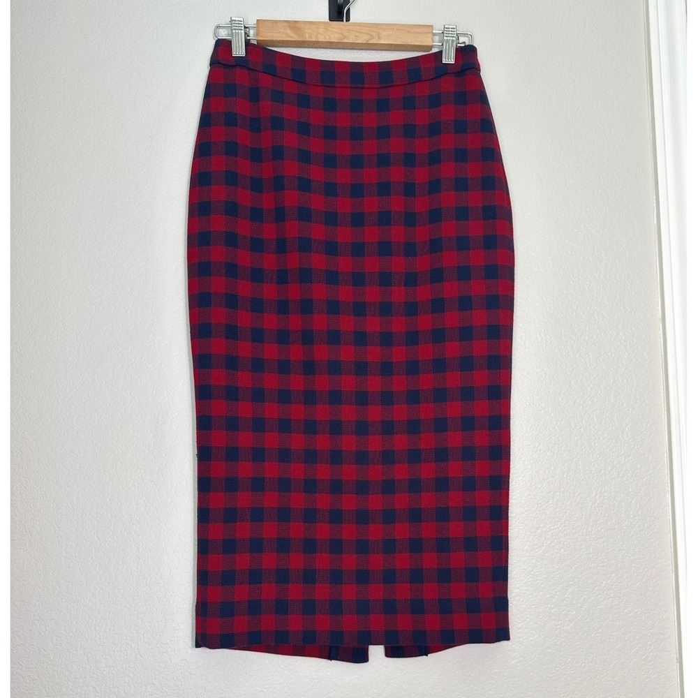 A.L.C. Buffalo Check Pencil Skirt Size 4 Red Navy Designer Quiet Luxury Office